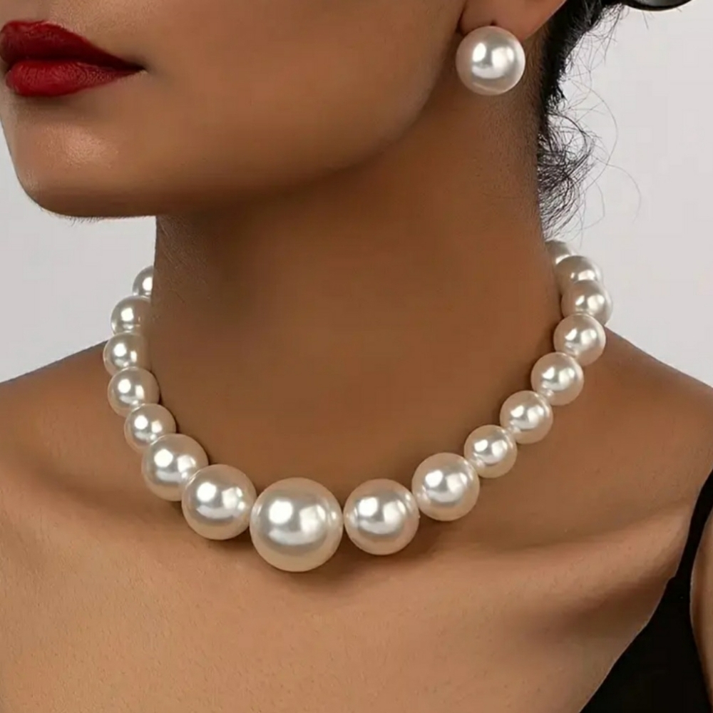 NEW White Chunky Faux Pearl Necklace Choker Earrings Set